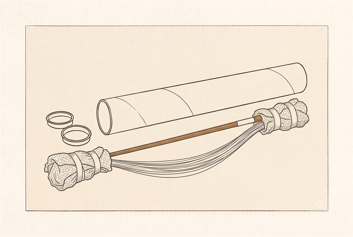 A bow wrapped and padded at both ends, next to a rigid postal tube with end caps